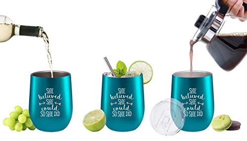 Fancyfams She Believed She Could So She Did - Congratulations Gifts - Graduation Gifts for Her - 12 oz Stainless Steel Wine Tumbler (Turquoise)