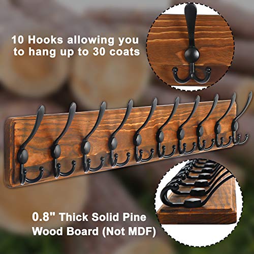 Dseap Coat Rack Wall Mounted - 10 Tri Hooks, 38-1/4" Long, Heavy Duty Wooden Wall Coat Hanger Coat Hook for Clothes Hat Jacket Clothing, Natural & Black