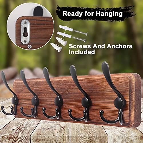 Dseap Coat Rack Wall Mounted - 5 Tri Hooks, Heavy Duty, Wooden Wall Coat Hanger Coat Hook for Clothes Hat Jacket Clothing, Natural & Black