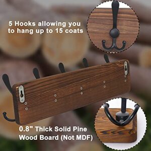 Dseap Coat Rack Wall Mounted - 5 Tri Hooks, Heavy Duty, Wooden Wall Coat Hanger Coat Hook for Clothes Hat Jacket Clothing, Natural & Black