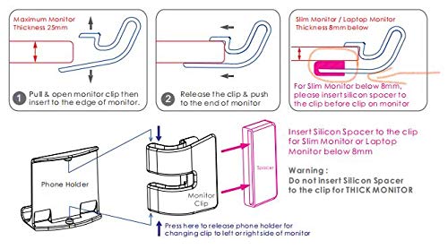 Mobile Phone Holder, That Clip on Monitor for Laptop or Desktop Within 25mm Thickness, Cell Phone Stand Smart Phone Dock Mobile mounts Phone Clip for Universal Computer Display, Cell Phone Mount