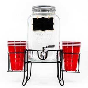 1 gallon glass drink dispenser | 100% leakproof stainless steel spigot | sturdy metal stand, chalkboard, cup holder | great for outdoor parties | perfect for cold drinks & laundry detergent