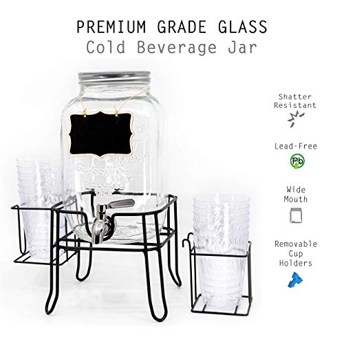 1 Gallon Glass Drink Dispenser | 100% Leakproof Stainless Steel Spigot | Sturdy Metal Stand, Chalkboard, Cup Holder | Great for Outdoor Parties | Perfect for Cold Drinks & Laundry Detergent