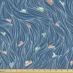 Ambesonne Maritime Fabric by The Yard Water Resistant Waves Ships Cartoon Sailor Sailboat Vacations Travel Pattern Indoor & Outdoor DIY Projects Sewing Nautical Decorations for Home 1 Yard Petrol Blue