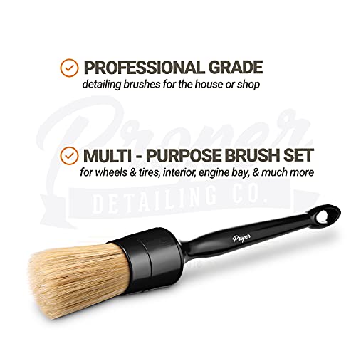 PROPER DETAILING CO. Car Detailing Brush Set, 3 Pack Natural Boars Hair Detailing Brushes, Clean Interior or Exterior, Wheels, Tires, Engine Bay, Leather Seats, Car Detailing Kit, Detailing Brush