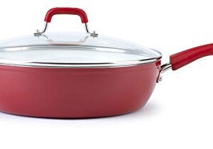 Bialetti Aeternum Nonstick White Ceramic Cookware, 12" Covered Lid Saute Pan, Red & White