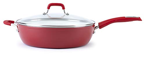 Bialetti Aeternum Nonstick White Ceramic Cookware, 12" Covered Lid Saute Pan, Red & White