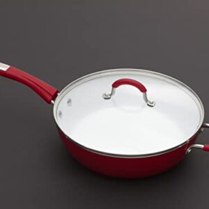 Bialetti Aeternum Nonstick White Ceramic Cookware, 12" Covered Lid Saute Pan, Red & White