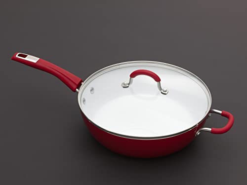 Bialetti Aeternum Nonstick White Ceramic Cookware, 12" Covered Lid Saute Pan, Red & White