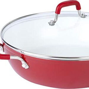 Bialetti Aeternum Nonstick White Ceramic Cookware, 12" Covered Lid Saute Pan, Red & White