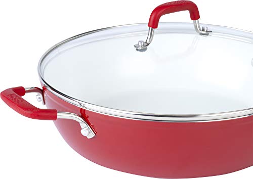 Bialetti Aeternum Nonstick White Ceramic Cookware, 12" Covered Lid Saute Pan, Red & White