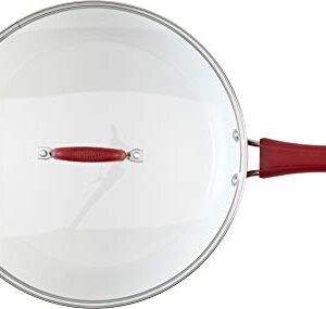 Bialetti Aeternum Nonstick White Ceramic Cookware, 12" Covered Lid Saute Pan, Red & White