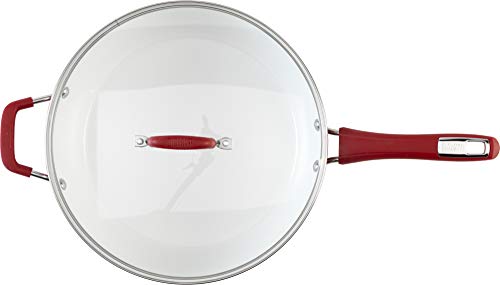 Bialetti Aeternum Nonstick White Ceramic Cookware, 12" Covered Lid Saute Pan, Red & White