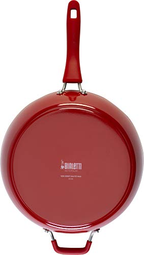 Bialetti Aeternum Nonstick White Ceramic Cookware, 12" Covered Lid Saute Pan, Red & White