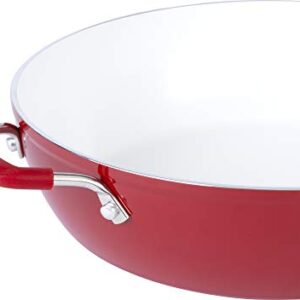 Bialetti Aeternum Nonstick White Ceramic Cookware, 12" Covered Lid Saute Pan, Red & White