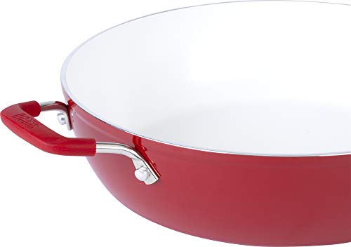 Bialetti Aeternum Nonstick White Ceramic Cookware, 12" Covered Lid Saute Pan, Red & White