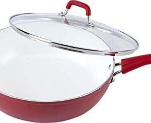 Bialetti Aeternum Nonstick White Ceramic Cookware, 12" Covered Lid Saute Pan, Red & White