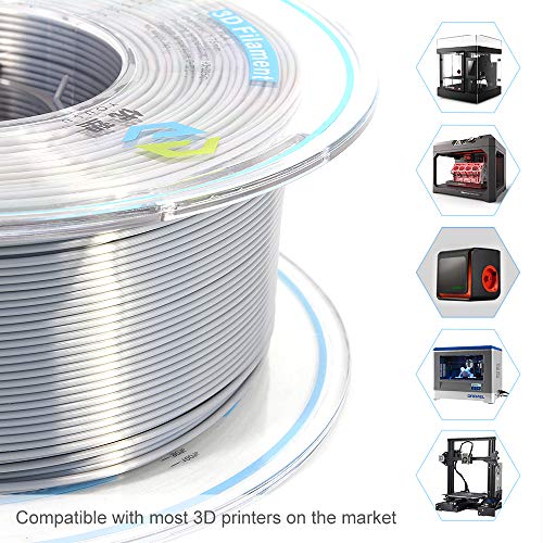 YOUSU Silk Silver PLA Filament 1.75mm 3D Printer Filament with Shiny Surface, Shiny Metallic PLA Silk Filament 1kg Spool, Compatible with Most of 3D Printer.