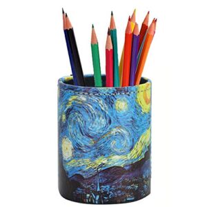 lizimandu pu leather pencil pen holder,round pencil cup stationery desk organizer control storage box for home office bedroom(1 pack,1-starry sky)