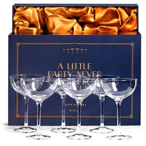 vintage crystal champagne coupe glasses | set of 6 | 4-5 oz classic cocktail glassware - martini, manhattan, cosmopolitan, sidecar, daiquiri | 1920s speakeasy retro style saucers | storage box