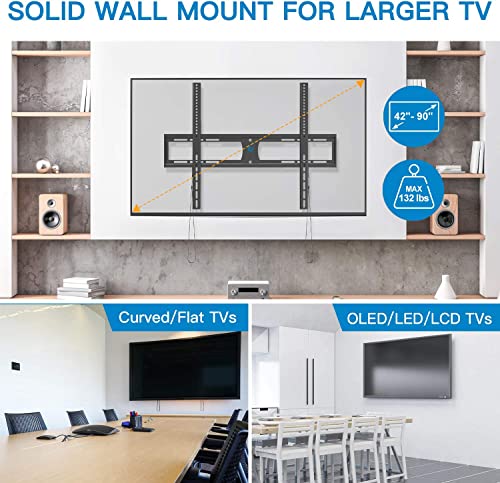 Pipishell Low Profile Fixed TV Wall Mount Bracket Ultra Slim for Most 42-90 Inch LCD OLED QLED 4K Plasma Flat Curved Screen TVs up to132lbs Max VESA 800x600mm, Fits 16", 18", 24" Wood Studs