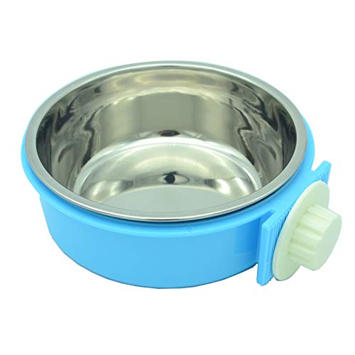 RUBYHOME Dog Bowl Feeder Pet Puppy Food Water Bowl, 2-in-1 Plastic Bowl & Stainless Steel Bowl, Removable Hanging Cat Rabbit Bird Food Basin Dish Perfect for Crates & Cages, Blue