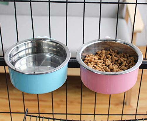 RUBYHOME Dog Bowl Feeder Pet Puppy Food Water Bowl, 2-in-1 Plastic Bowl & Stainless Steel Bowl, Removable Hanging Cat Rabbit Bird Food Basin Dish Perfect for Crates & Cages, Blue