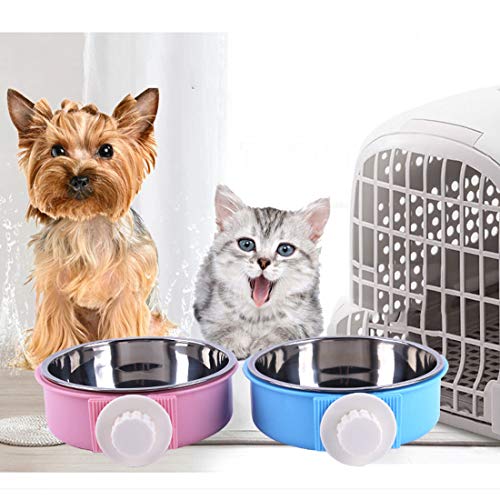 RUBYHOME Dog Bowl Feeder Pet Puppy Food Water Bowl, 2-in-1 Plastic Bowl & Stainless Steel Bowl, Removable Hanging Cat Rabbit Bird Food Basin Dish Perfect for Crates & Cages, Blue