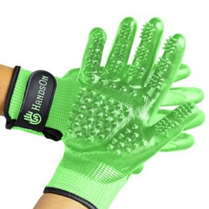 handson pet grooming gloves - patented #1 ranked, award winning shedding, bathing, & hair remover gloves - gentle brush for cats, dogs, and horses (mono-green, medium) 1 pair