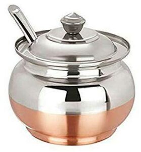 stainless steel ghee/oil pot with copper bottom base kitchen dining steel storage pot container with lid and spoon steel food container