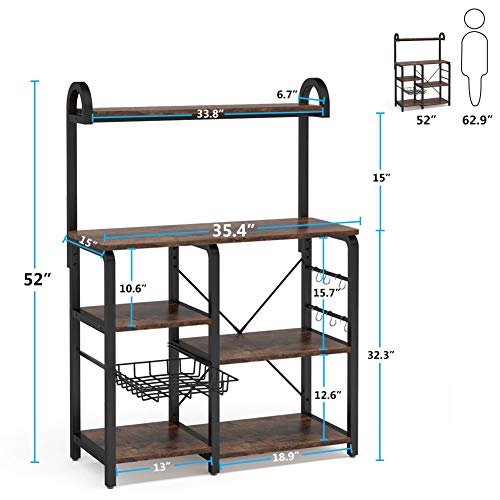 Tribesigns 35.5 inches Kitchen Baker’s Rack Microwave Oven Stand, Industrial Kitchen Cart Utility Storage Shelf Organizer Coffee Bar with Wire Basket and 6 Hooks (Rustic Brown)