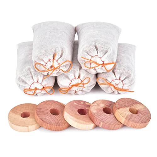 Homode Cedar Blocks for Clothes Storage, Scent Sachets for Drawers and Closets, Aromatic Cedar Wood Chips Shavings Bags, Cedarwood Hanger Rings, Pack of 10