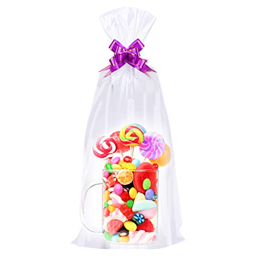 40 Pack 9x20 inchesClear Cellophane Bags Set included 20pack Basket Bags 20 pack Pull Bow Set Perfect for Valentine's Day Easter Gift, Presents, Wine Bottles, Bridal/Baby Showers, 2Mil Thick