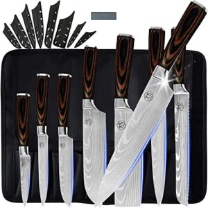 xyj stainless steel kitchen knives set 8 piece chef knife set with carry case bag & sheath well balance ergonomic handle