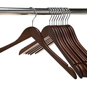 Quality Semi Curved Wooden Suit Hangers, 10-Pack Smooth Finish Solid Wood Coat Hanger with Swivel Hook, Jacket, Pant, Dress Clothes Hangers (Walnut - Chrome Hook, 10)