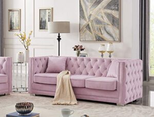 iconic home christophe sofa velvet upholstered button tufted nailhead trim shelter arm design silver tone metal block legs modern transitional, pink
