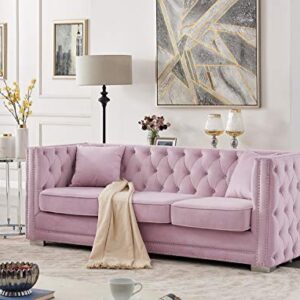 Iconic Home Christophe Sofa Velvet Upholstered Button Tufted Nailhead Trim Shelter Arm Design Silver Tone Metal Block Legs Modern Transitional, Pink