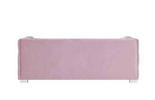 Iconic Home Christophe Sofa Velvet Upholstered Button Tufted Nailhead Trim Shelter Arm Design Silver Tone Metal Block Legs Modern Transitional, Pink