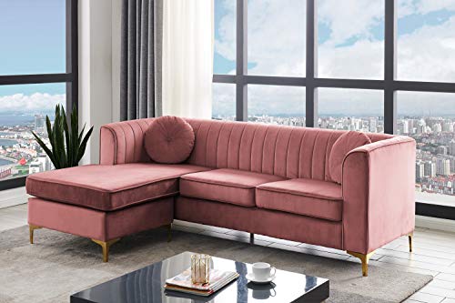 Iconic Home Brasilia Modular Chaise Sectional Sofa Velvet Upholstered Vertical Channel Quilted Seat Back Solid Gold Tone Metal Y-Legs with 2 Throw Pillows Modern Contemporary, Blush