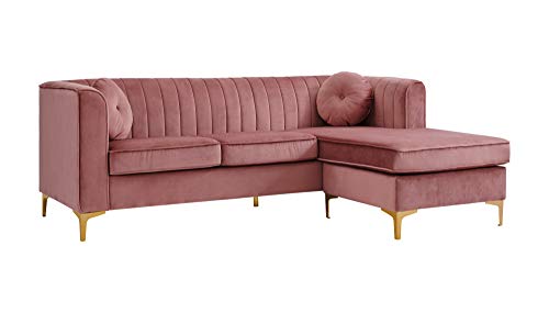 Iconic Home Brasilia Modular Chaise Sectional Sofa Velvet Upholstered Vertical Channel Quilted Seat Back Solid Gold Tone Metal Y-Legs with 2 Throw Pillows Modern Contemporary, Blush