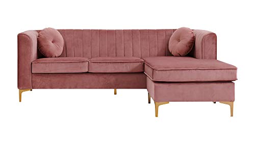 Iconic Home Brasilia Modular Chaise Sectional Sofa Velvet Upholstered Vertical Channel Quilted Seat Back Solid Gold Tone Metal Y-Legs with 2 Throw Pillows Modern Contemporary, Blush