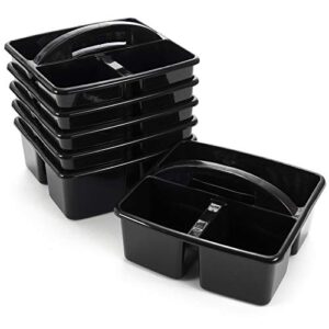 6 black storage caddies - bulk stackable plastic bins with 3 compartments & carrying handle for restaurant, business, bar, food truck, houskeeping - utility tote for cleaning supplies & spray bottles