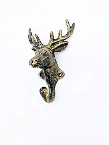 Set of 2 Cast Iron Heavy Duty Rustic Vintage Finish Deer Head Decorative Key Coat Towel Wall Hook Vintage Metal Wall Mounted Decorative Wall Hanger Nature Lovers Gift Idea (Deer Head)