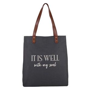 creative brands joyful expressions charcoal grey canvas & leather tote, 13.5 x 16-inch, it is well