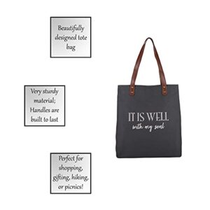 Creative Brands Joyful Expressions Charcoal Grey Canvas & Leather Tote, 13.5 x 16-Inch, It is Well