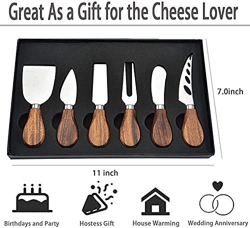 Cheese Knives with Cheese Slicer Cheese Cutter Cheese Fork,Cheese Spreading Knife for Charcuterie Boards and Cutlery Gift Set,6 Pieces Cheese Knife Set with Bamboo Wood Handle Steel Stainless