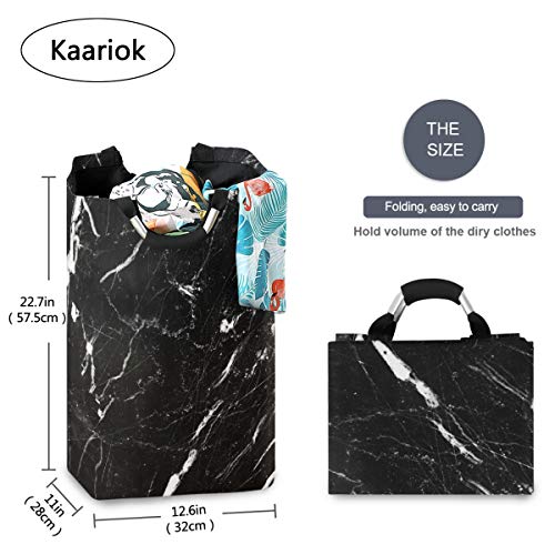 Kaariok White and Black Marble Art Print Laundry Hamper with Handles Waterproof Collapsible Storage Basket Large Dirty Clothes Sorter for Laundry Room, 22.7 Inches