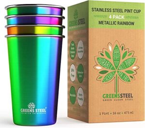 stainless steel cups 16 oz pint tumbler (4 pack) - premium metal drinking glasses | stackable durable cup (16 oz rainbow)