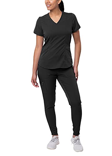 Adar Pro Modern Athletic Scrub Set for Women - Modern V-Neck Scrub Top & Yoga Jogger Scrub Pants - P9500 - Black - M