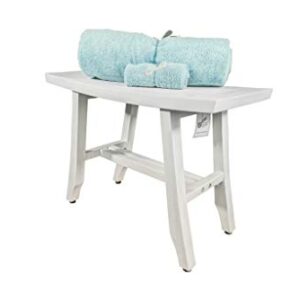 CoastalVogue Satori Teak Shower Bench Eastern Style Wood Shower Bench with Curved Seat 24″ Long Seat, Shower Stool in Antique White Finish